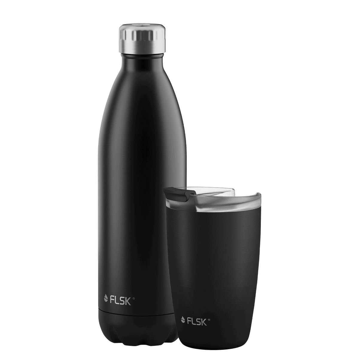 FLSK Bundle Trinkflasche 1000 ml und Kaffeebecher 350 ml black aus Edelstahl