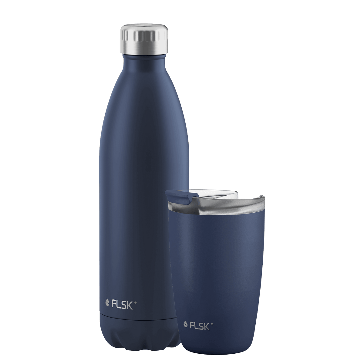 FLSK Bundle Trinkflasche 1000 ml und Kaffeebecher 350 ml midnight aus Edelstahl